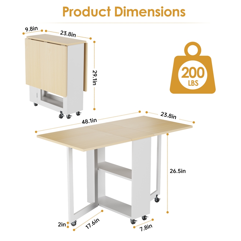 Space-Saving Folding Dining Table with 2-Layer Shelving & Lockable Wheels -White