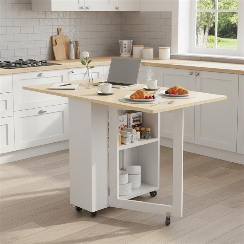 Space-Saving Folding Dining Table with 2-Layer Shelving & Lockable Wheels -White