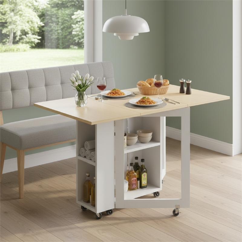 Space-Saving Folding Dining Table with 2-Layer Shelving & Lockable Wheels -White