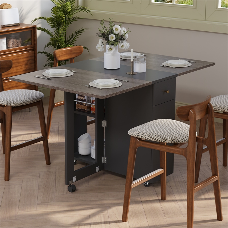 Space-Saving Folding Dining Table with Drawer & Cabinet - Gray