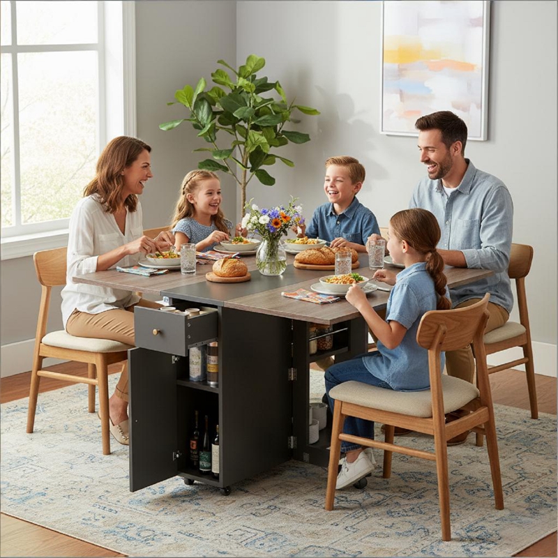 Space-Saving Folding Dining Table with Drawer & Cabinet - Gray