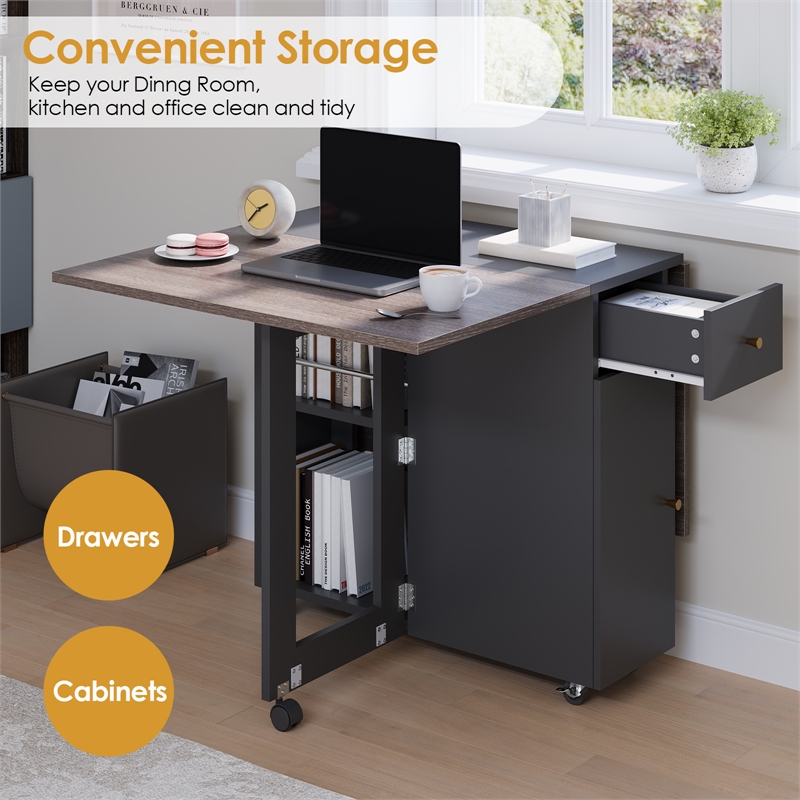 Space-Saving Folding Dining Table with Drawer & Cabinet - Gray