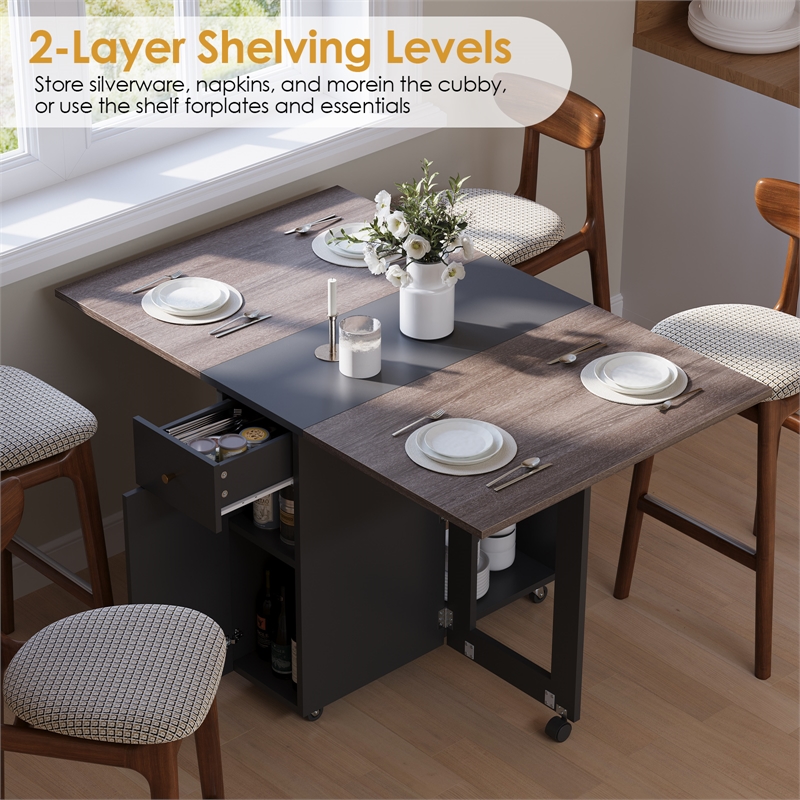 Space-Saving Folding Dining Table with Drawer & Cabinet - Gray
