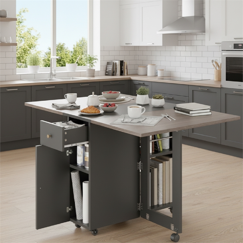 Space-Saving Folding Dining Table with Drawer & Cabinet - Gray