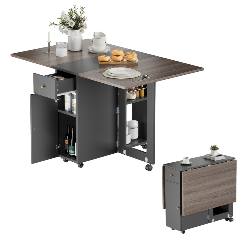 Space-Saving Folding Dining Table with Drawer & Cabinet - Gray