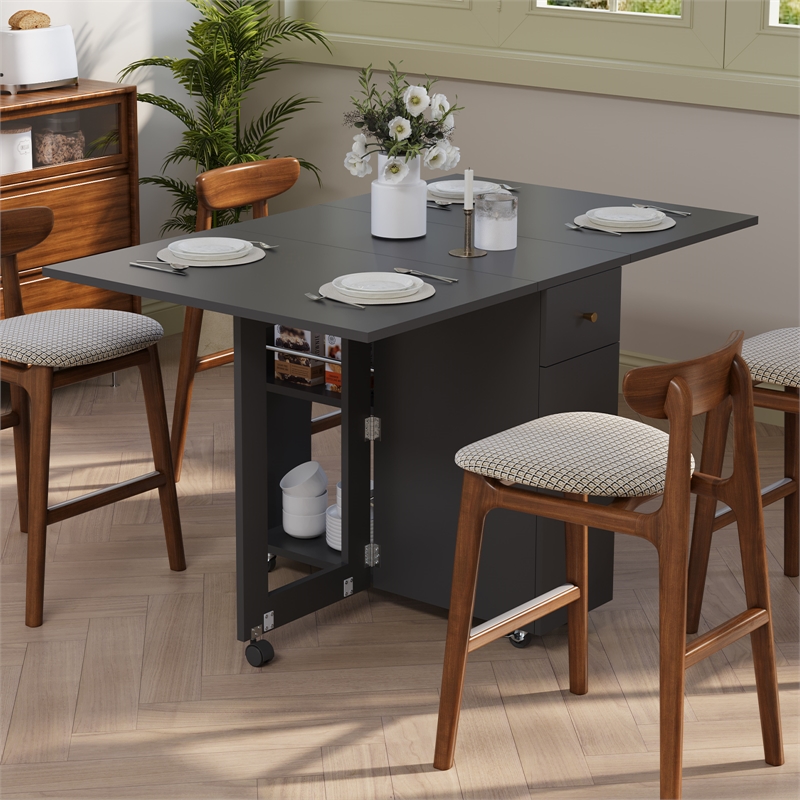 Space-Saving Folding Dining Table with Drawer & Cabinet - Black