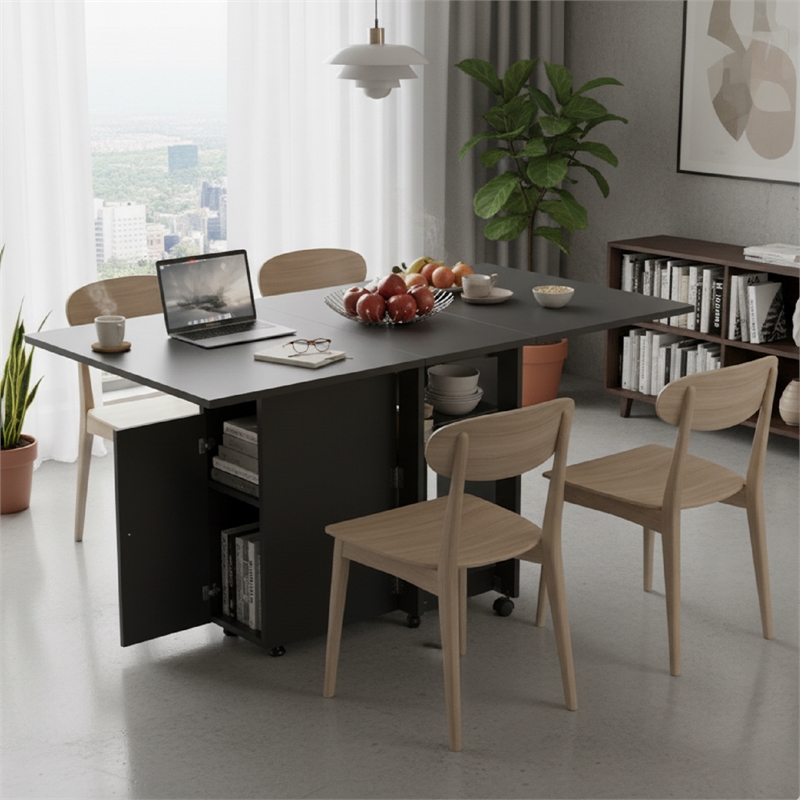 Space-Saving Folding Dining Table with Drawer & Cabinet - Black