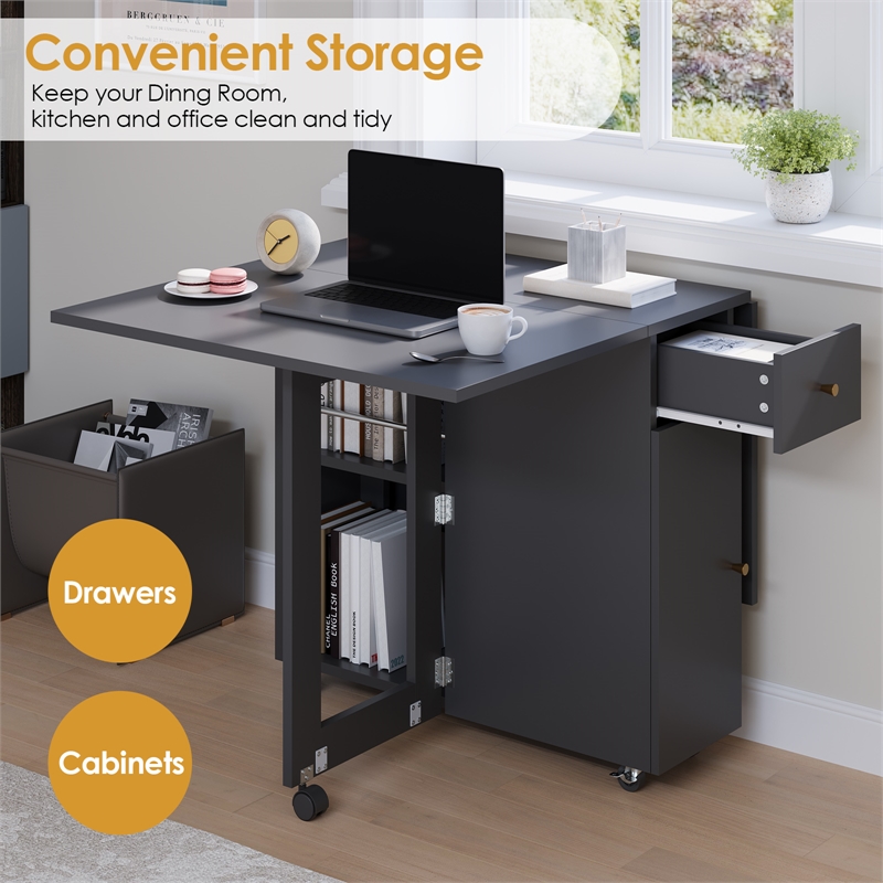 Space-Saving Folding Dining Table with Drawer & Cabinet - Black