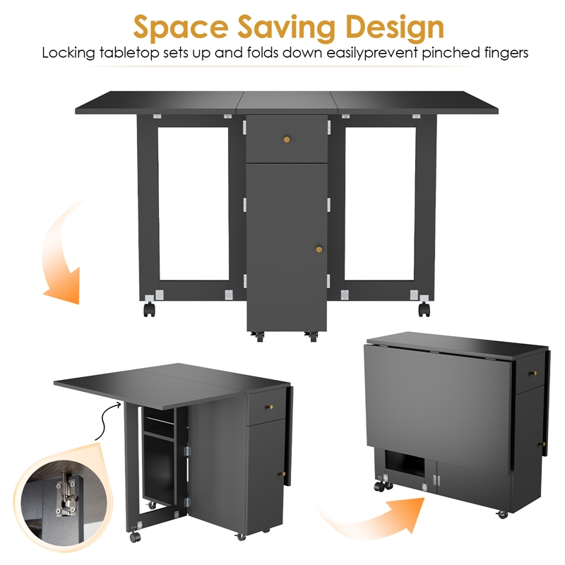 Space-Saving Folding Dining Table with Drawer & Cabinet - Black