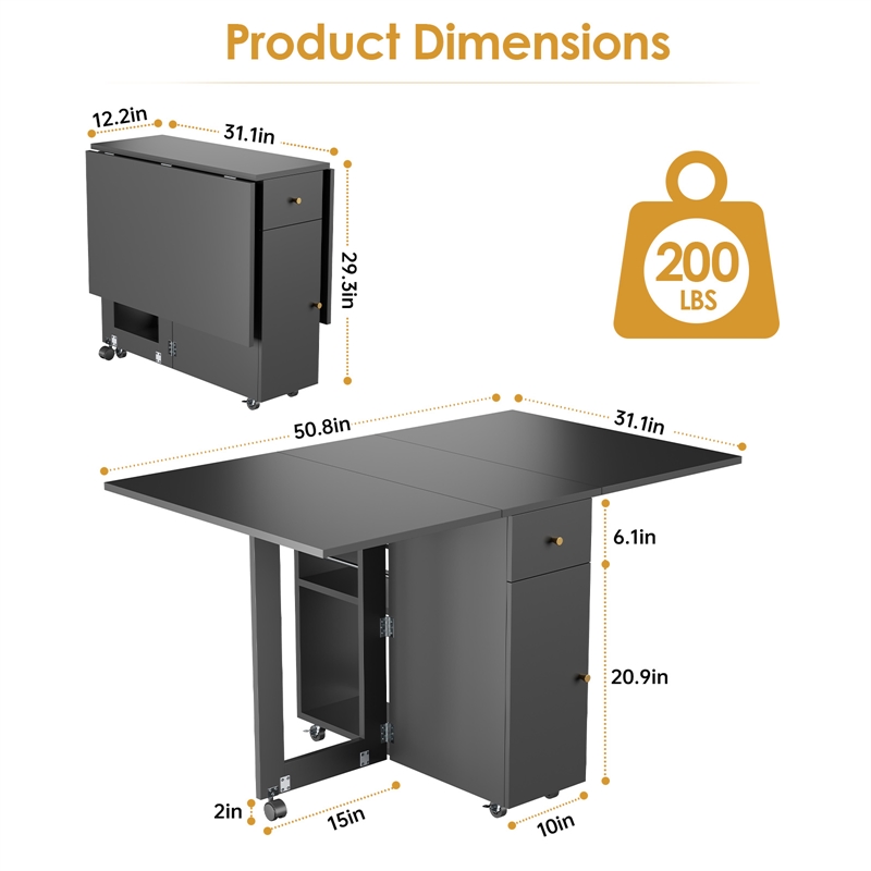 Space-Saving Folding Dining Table with Drawer & Cabinet - Black
