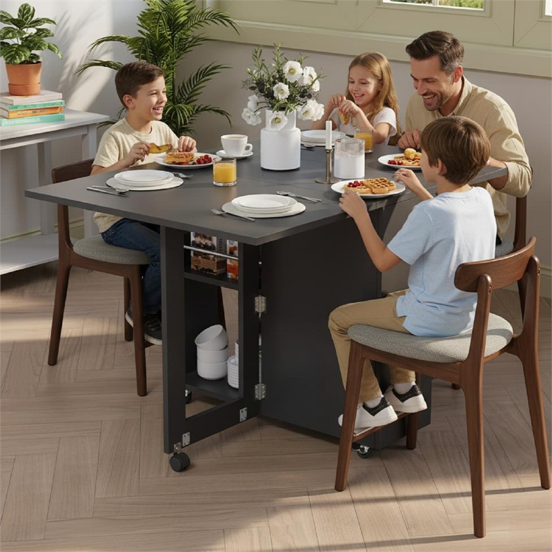 Space-Saving Folding Dining Table with Drawer & Cabinet - Black