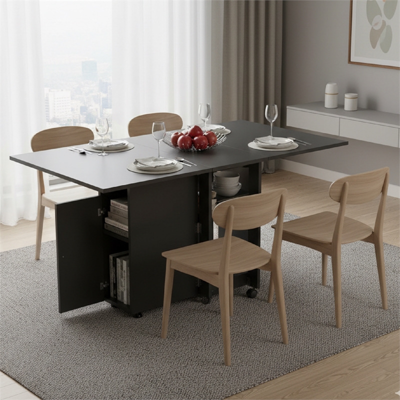 Space-Saving Folding Dining Table with Drawer & Cabinet - Black