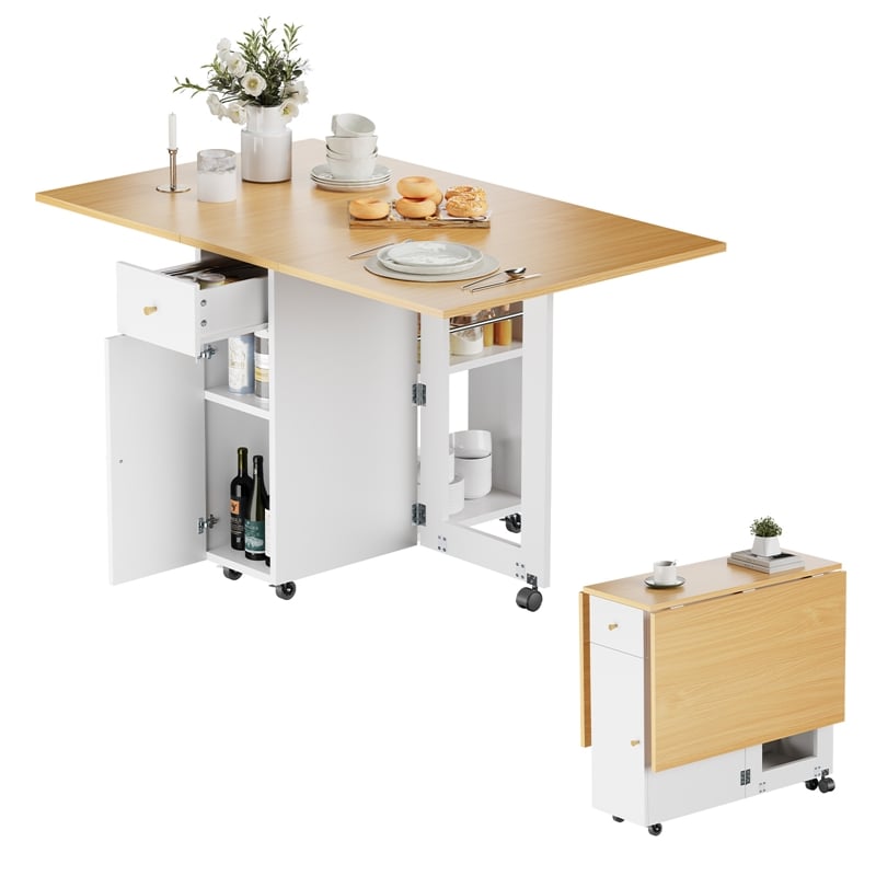 Space-Saving Folding Dining Table with Drawer & Cabinet - White