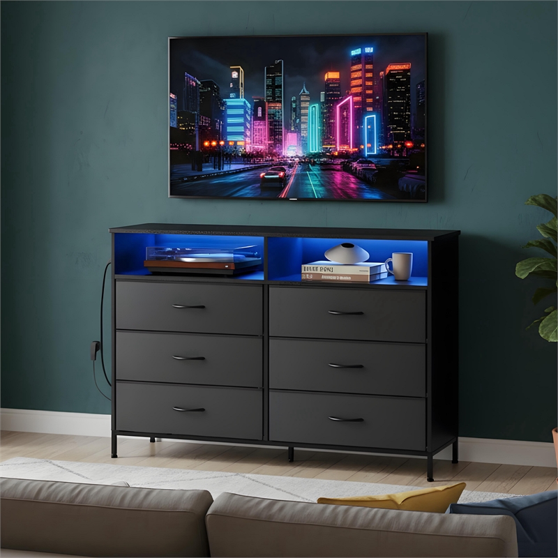 Black 6-Drawer Fabric Dresser with RGB LED Lights & Built-in Power Strip