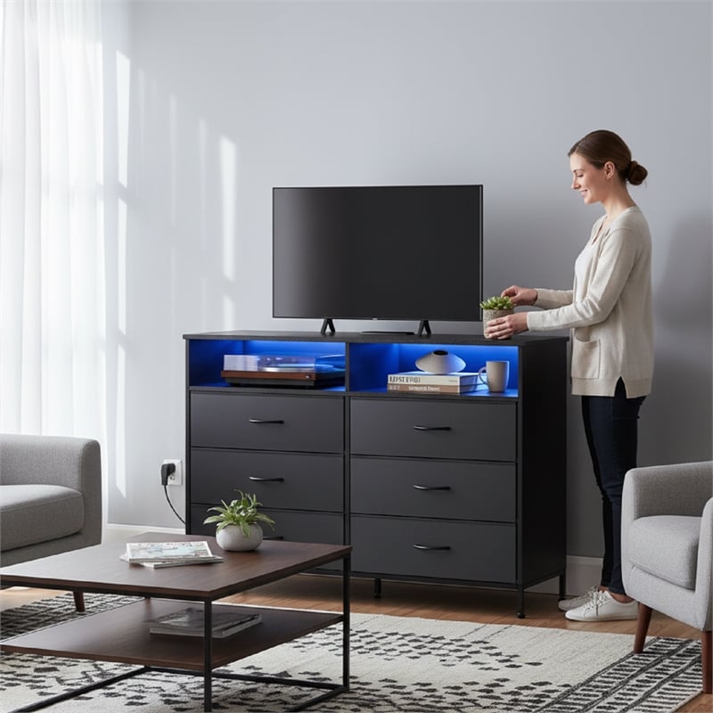 Black 6-Drawer Fabric Dresser with RGB LED Lights & Built-in Power Strip