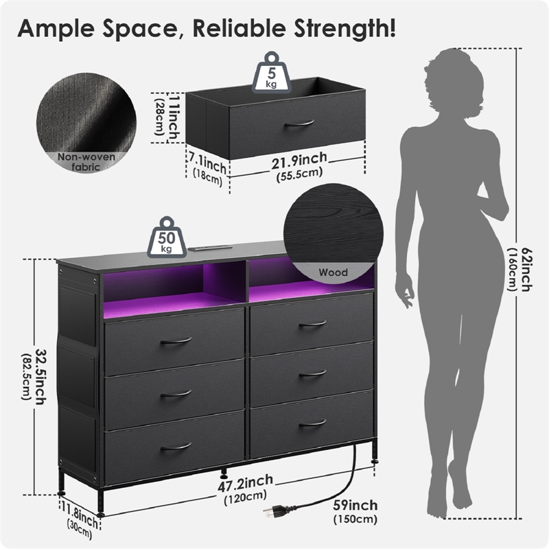 Black 6-Drawer Fabric Dresser with RGB LED Lights & Built-in Power Strip