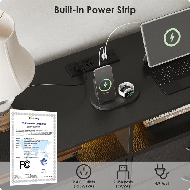 Black 6-Drawer Fabric Dresser with RGB LED Lights & Built-in Power Strip