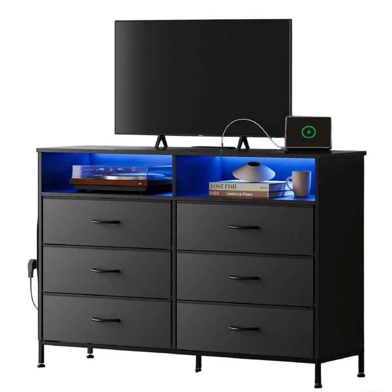 Black 6-Drawer Fabric Dresser with RGB LED Lights & Built-in Power Strip