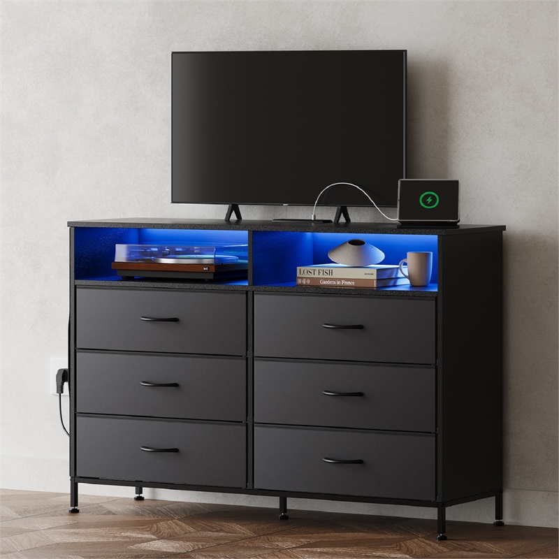 Black 6-Drawer Fabric Dresser with RGB LED Lights & Built-in Power Strip