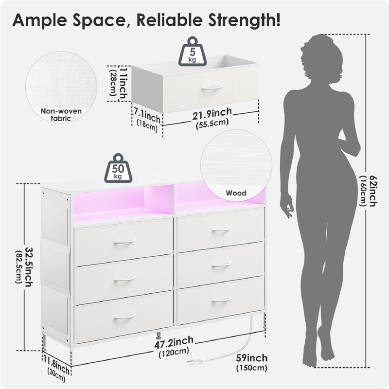 White 6-Drawer Fabric Dresser with RGB LED Lights & Built-in Power Strip