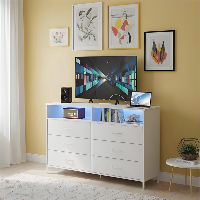 White 6-Drawer Fabric Dresser with RGB LED Lights & Built-in Power Strip