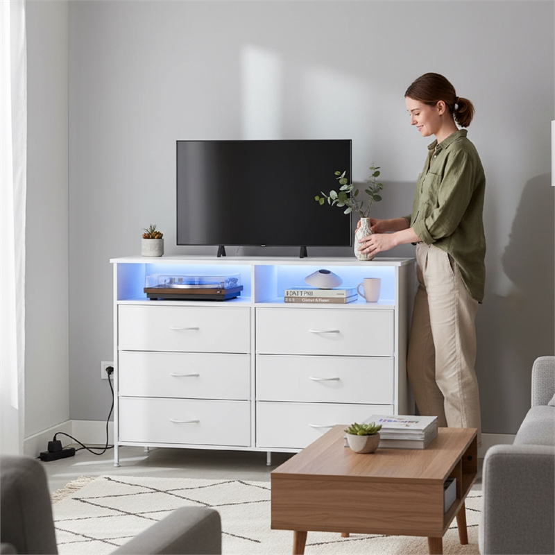 White 6-Drawer Fabric Dresser with RGB LED Lights & Built-in Power Strip