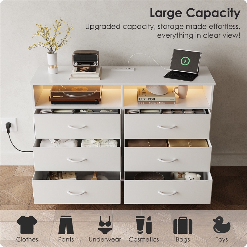 White 6-Drawer Fabric Dresser with RGB LED Lights & Built-in Power Strip