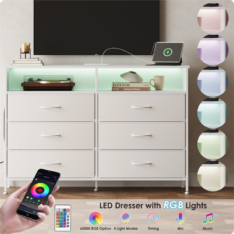 White 6-Drawer Fabric Dresser with RGB LED Lights & Built-in Power Strip