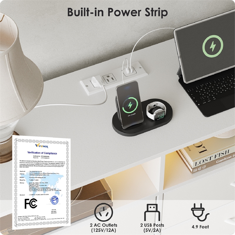 White 6-Drawer Fabric Dresser with RGB LED Lights & Built-in Power Strip