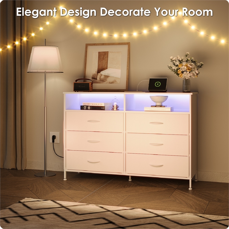 White 6-Drawer Fabric Dresser with RGB LED Lights & Built-in Power Strip