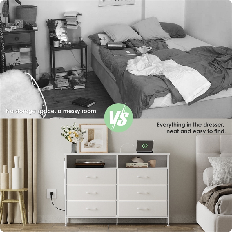 White 6-Drawer Fabric Dresser with RGB LED Lights & Built-in Power Strip