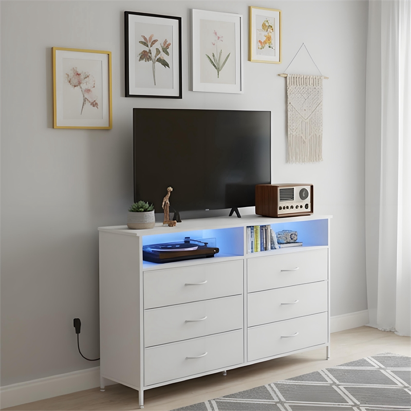 White 6-Drawer Fabric Dresser with RGB LED Lights & Built-in Power Strip