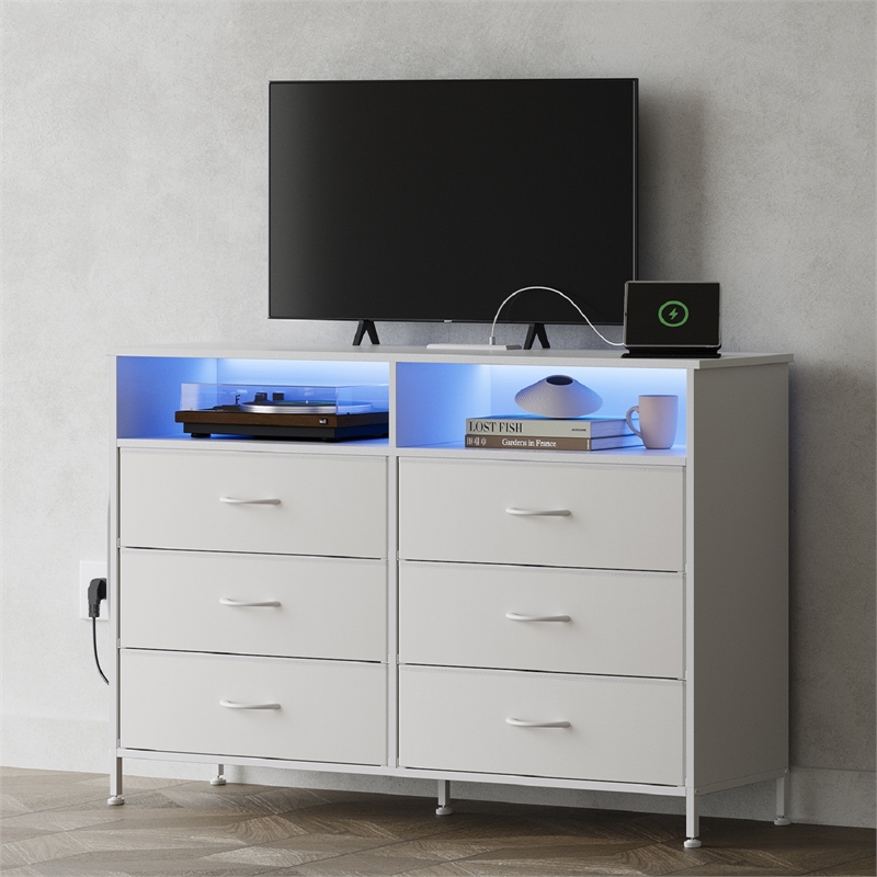 White 6-Drawer Fabric Dresser with RGB LED Lights & Built-in Power Strip