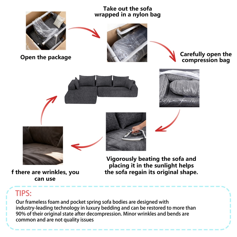 Dark Gray L-shaped Chenille free-install fully foam-filled Compressed sofa