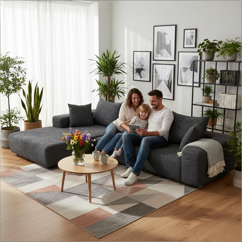 Dark Gray L-shaped Chenille free-install fully foam-filled Compressed sofa