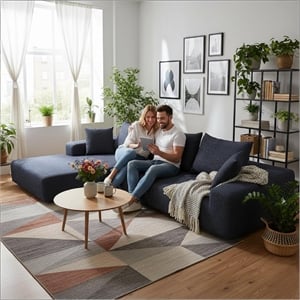 Blue L-shaped Chenille free-install fully foam-filled Compressed sofa