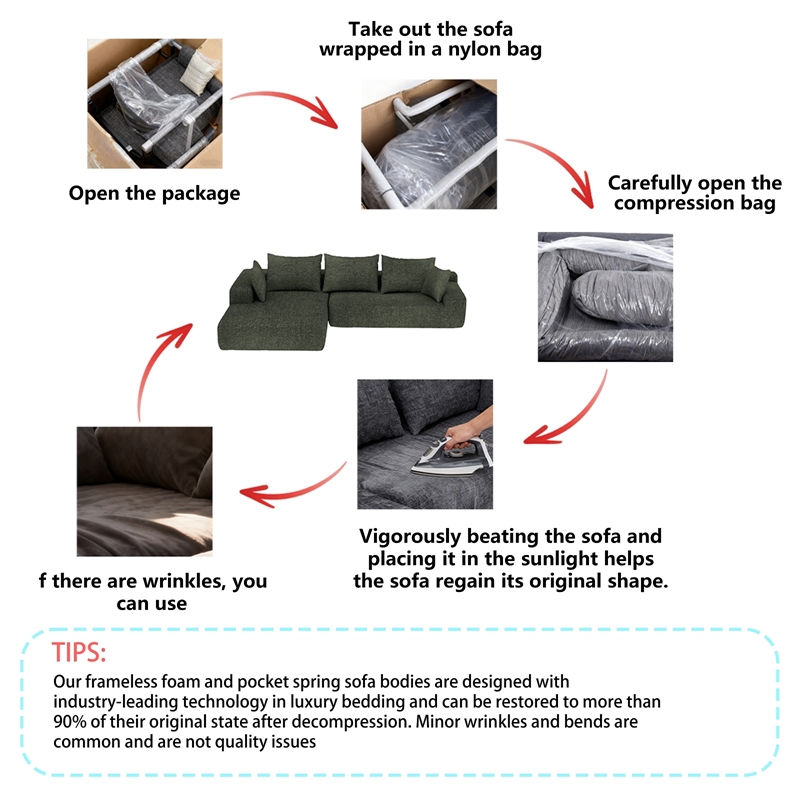 Green L-shaped Chenille free-install fully foam-filled Compressed sofa