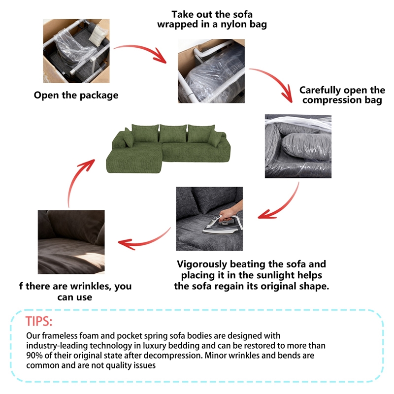 Green L-shaped Corduroy Fabric free-install fully foam-filled Compressed sofa