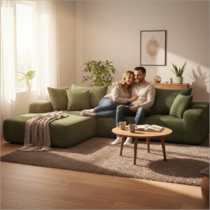 Green L-shaped Corduroy Fabric free-install fully foam-filled Compressed sofa