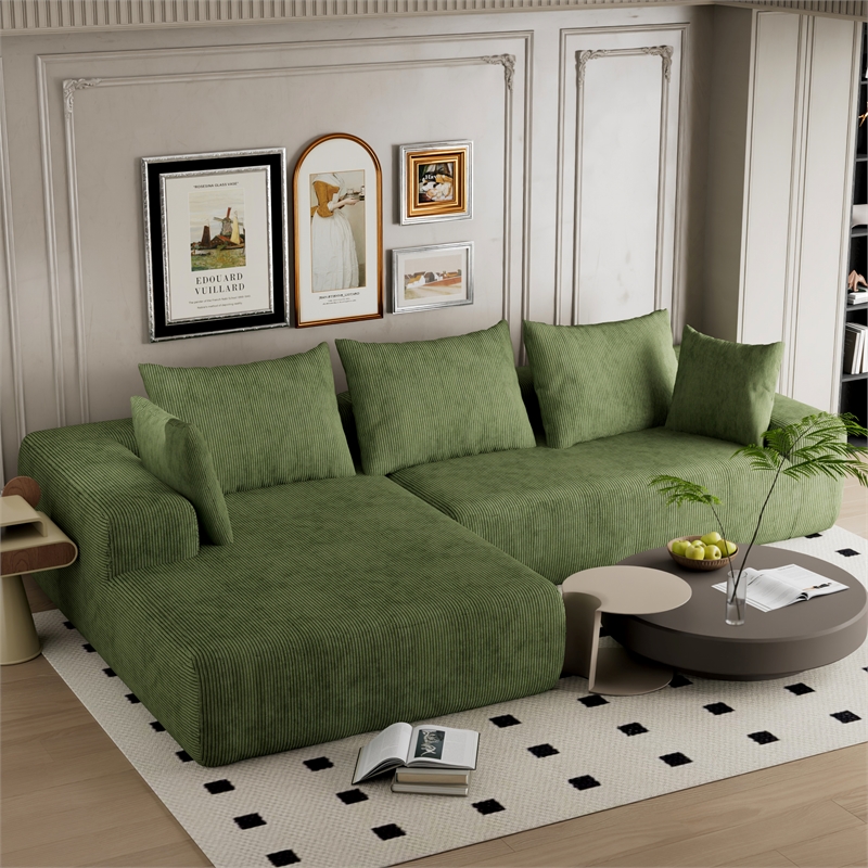 Green L-shaped Corduroy Fabric free-install fully foam-filled Compressed sofa