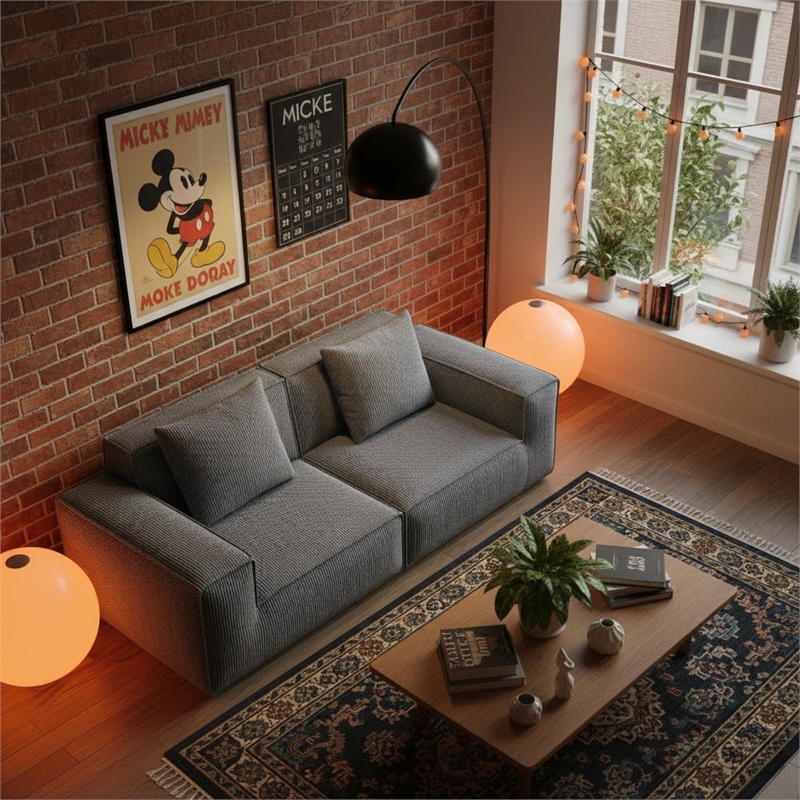 2-Seater Corduroy Fabric Compressed Tofu Block Sofa Bed - Gray