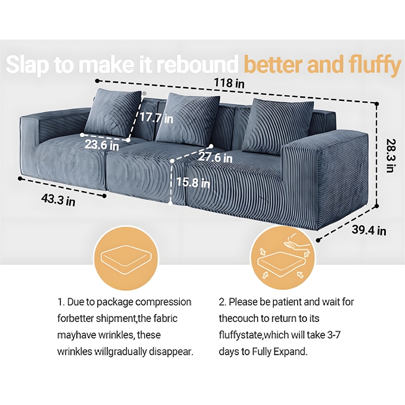 2-Seater Corduroy Fabric Compressed Tofu Block Sofa Bed - Gray