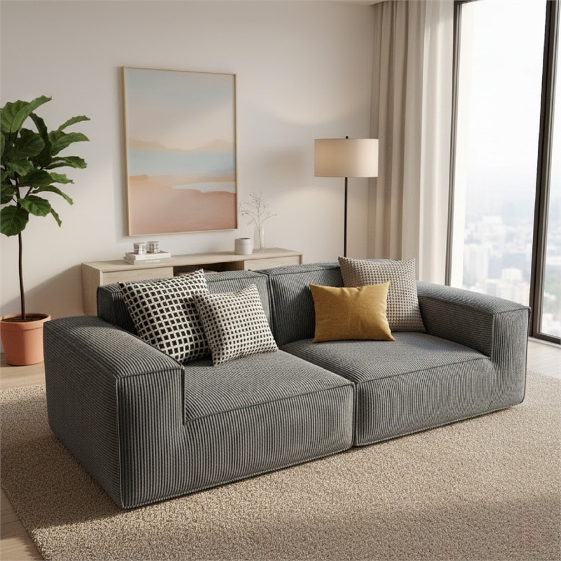 2-Seater Corduroy Fabric Compressed Tofu Block Sofa Bed - Gray