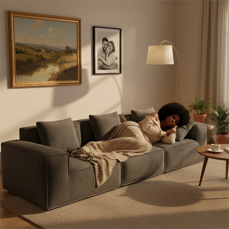 Corduroy 3-Seater Compressed Modular Sectional Sofa with Comfy Armrest - Gray