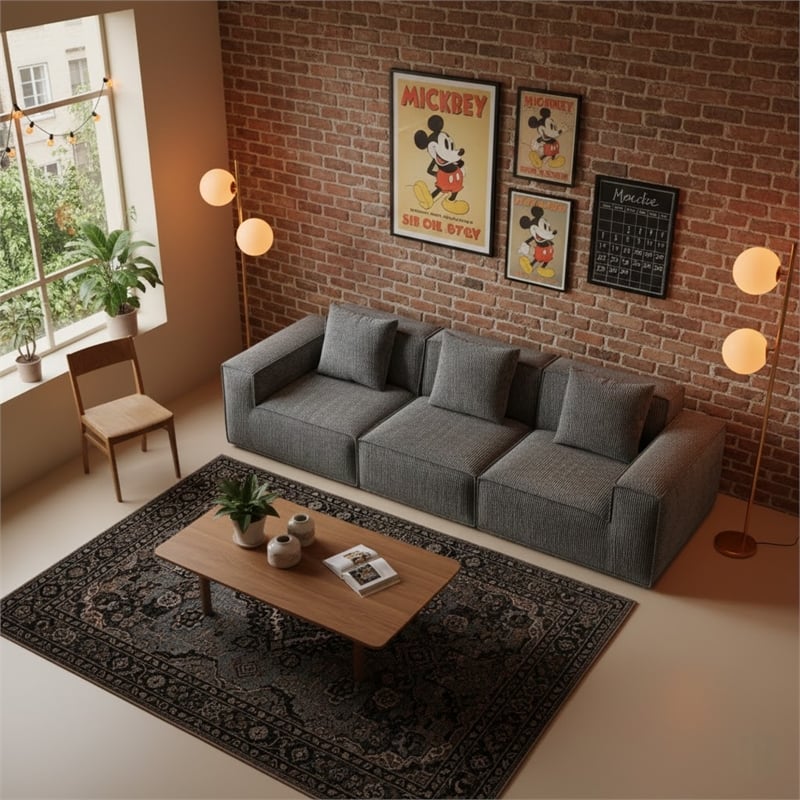 Corduroy 3-Seater Compressed Modular Sectional Sofa with Comfy Armrest - Gray