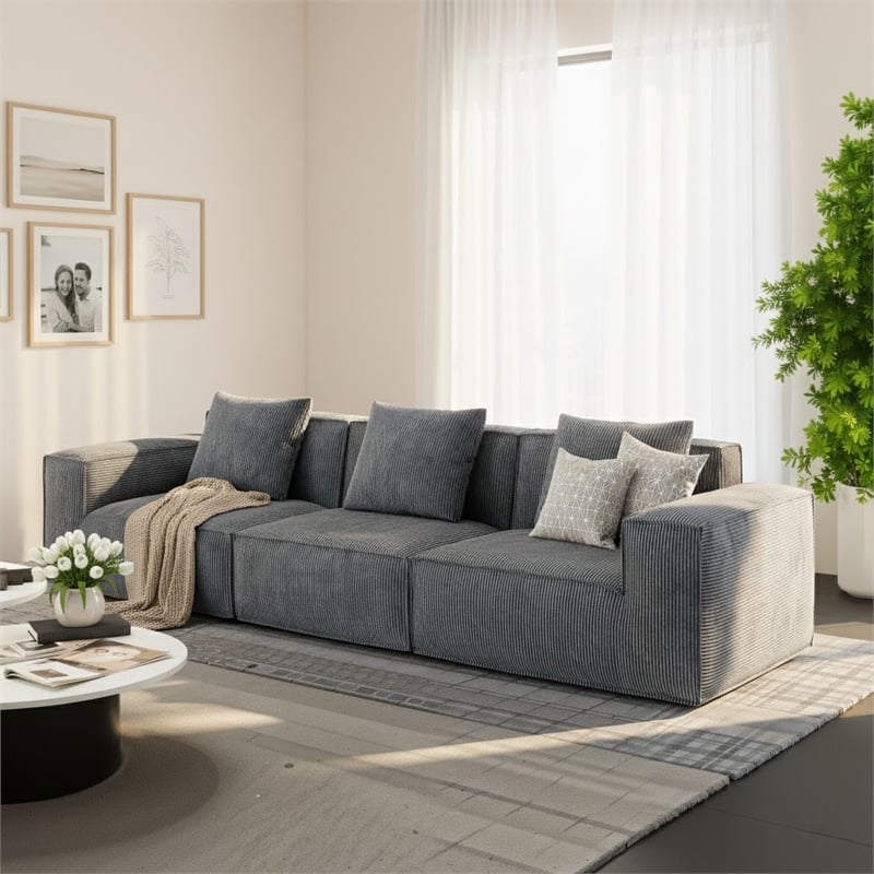 Corduroy 3-Seater Compressed Modular Sectional Sofa with Comfy Armrest - Gray