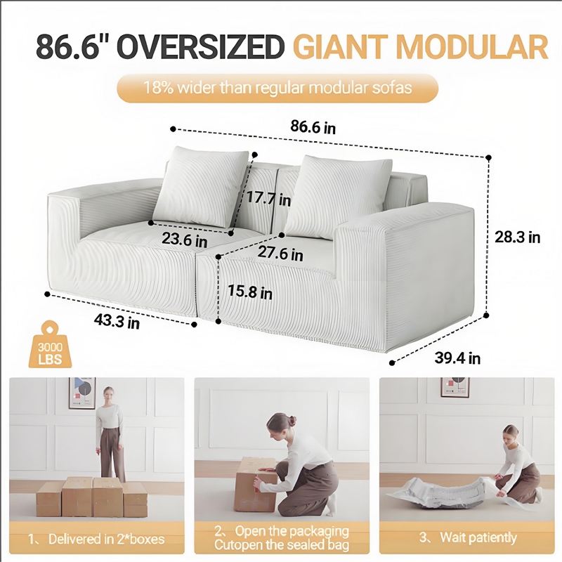 2-Seater Corduroy Fabric Compressed Tofu Block Sofa Bed - White