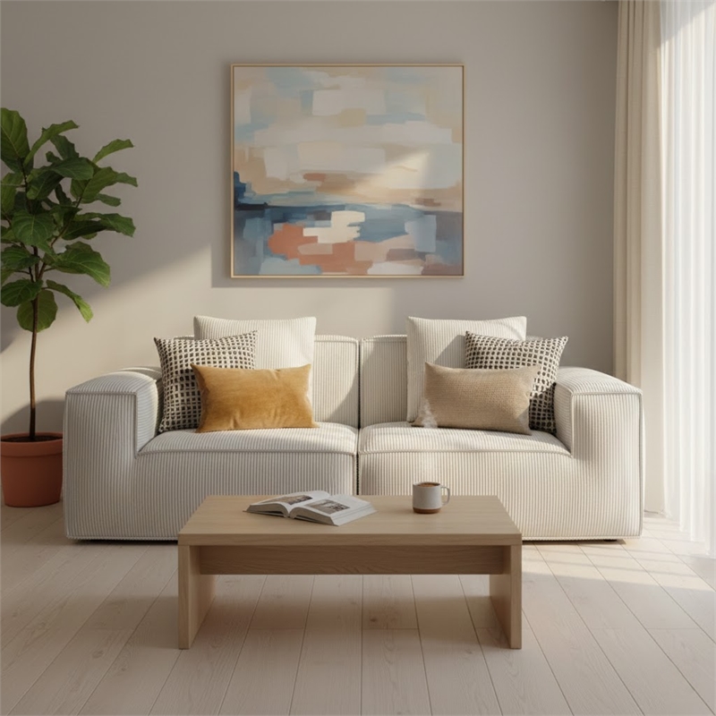 2-Seater Corduroy Fabric Compressed Tofu Block Sofa Bed - White