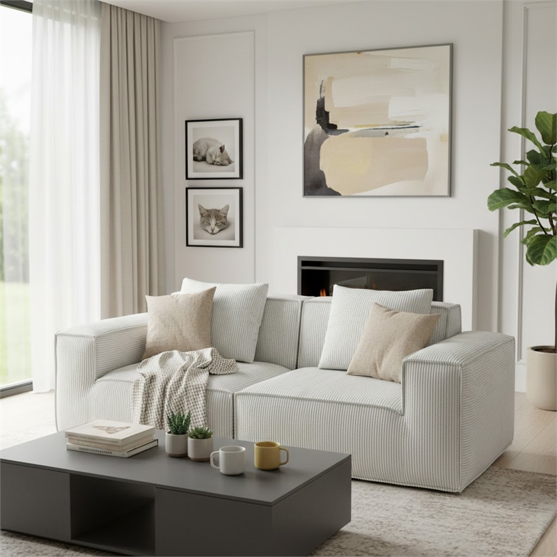 2-Seater Corduroy Fabric Compressed Tofu Block Sofa Bed - White