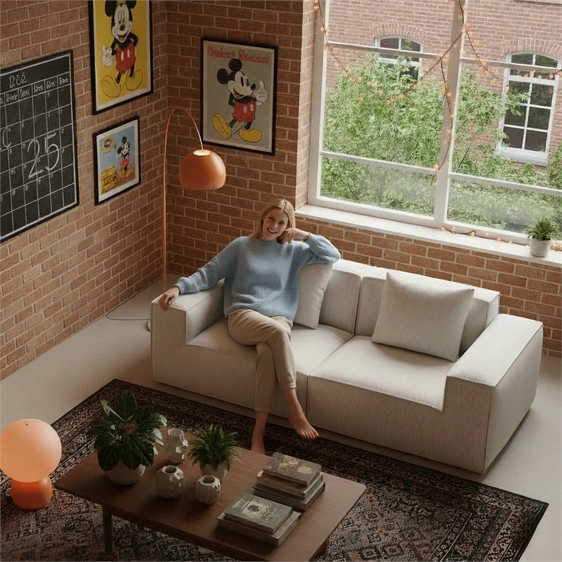 2-Seater Corduroy Fabric Compressed Tofu Block Sofa Bed - White